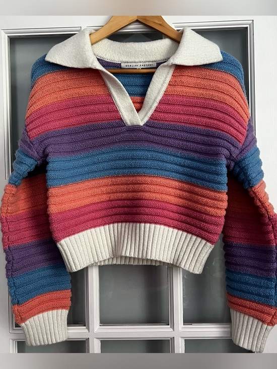 English Factory Sweaters - English Factory Striped V-Neck Sweater in Coral, Pink, Purple, Blue & White